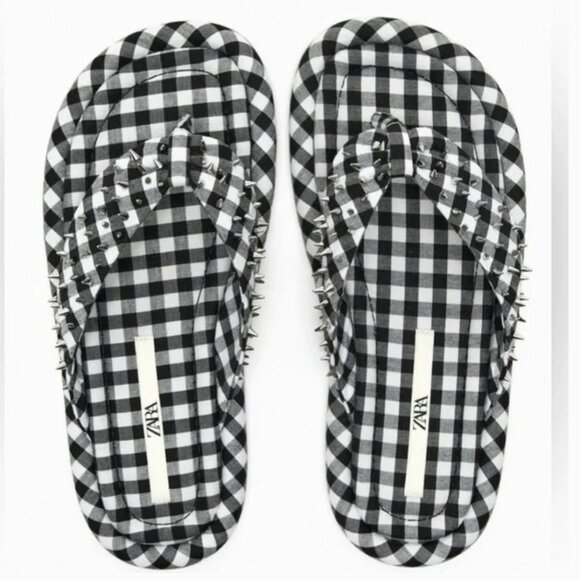 NWT Zara Studded Quilted Sandals Gingham Bloggers Fav - Picture 1 of 9